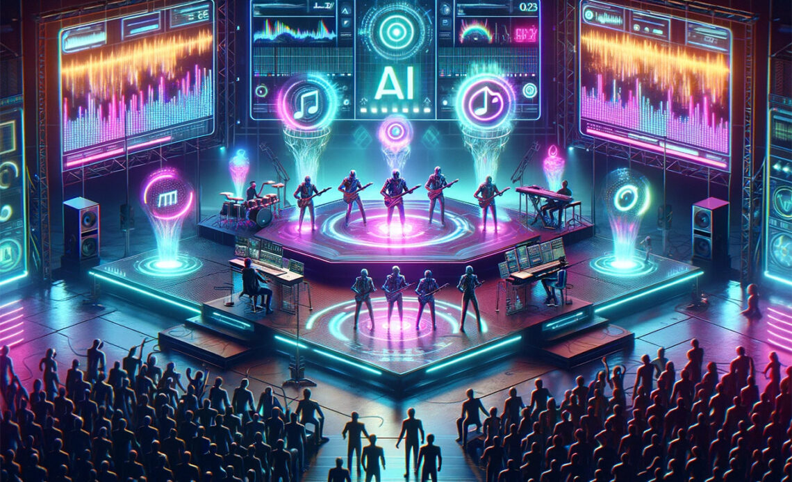 Eine KI-Band spielt in einer futuristischen, neonfarbenen Konzerthalle KI-Musik