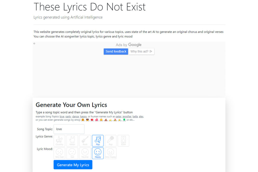 These Lyrics Do Not Exist Screenshot KI-Songtext-Generator