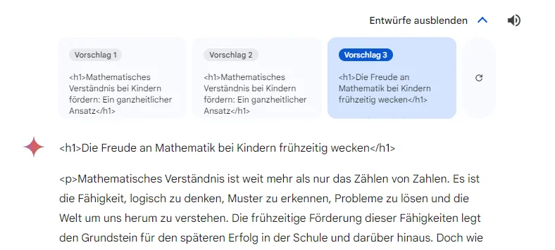 Ein Screenshot zeigt die Auswahl 3 verschiedener Textvorschläg in Google Gemini.